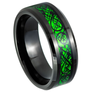 Green Celtic Dragon Black IP Tungsten Ring by Josef Elias