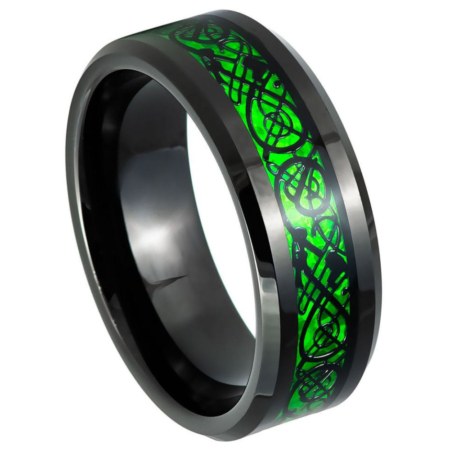 Green Celtic Dragon Black IP Tungsten Ring by Josef Elias