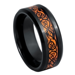 Black and Orange Celtic Design Tungsten Ring